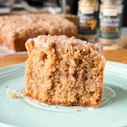 slice of chai spiced coffee cake on a plate