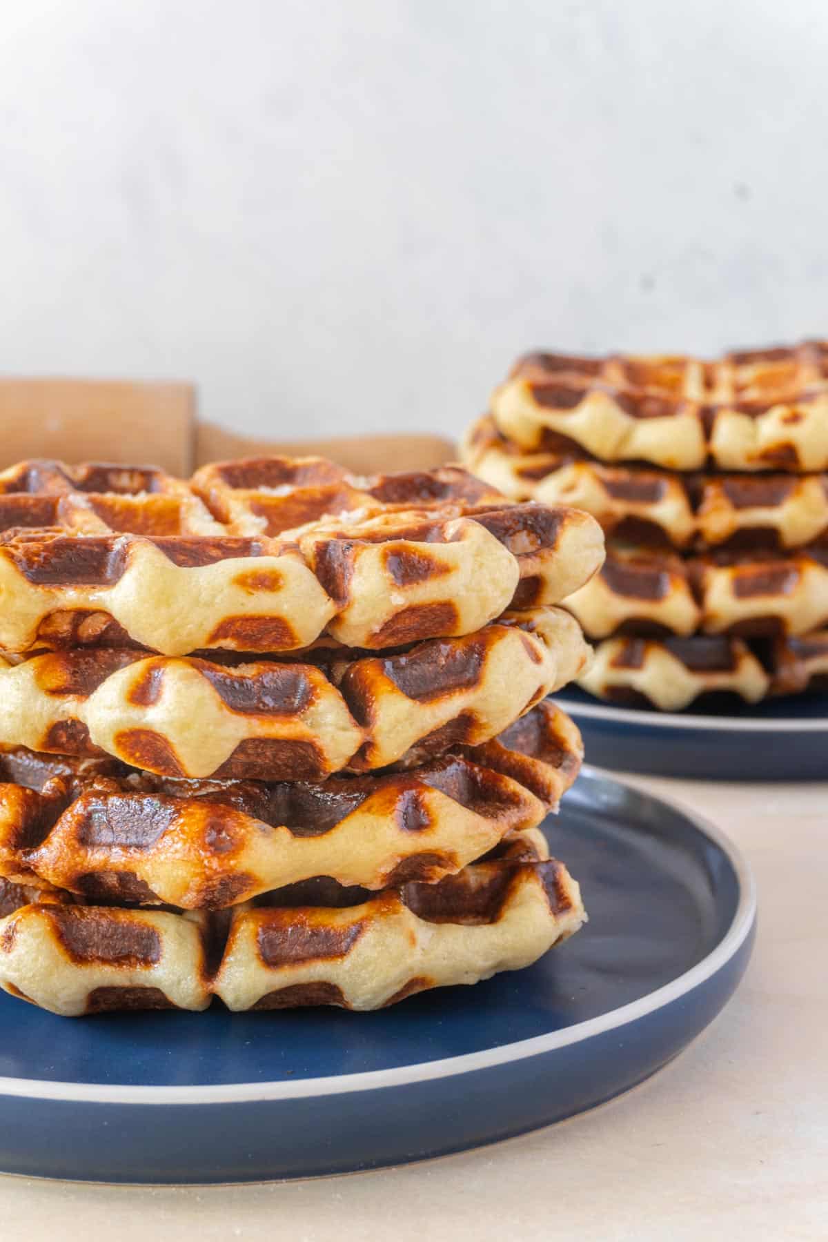 stack of liege waffles on a blue plate