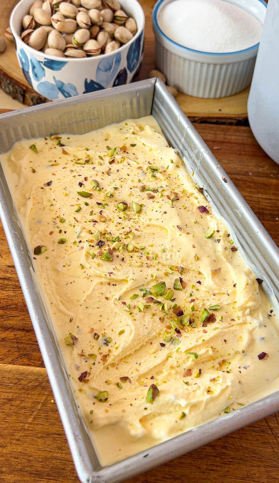 Saffron ice cream in a container before being frozen