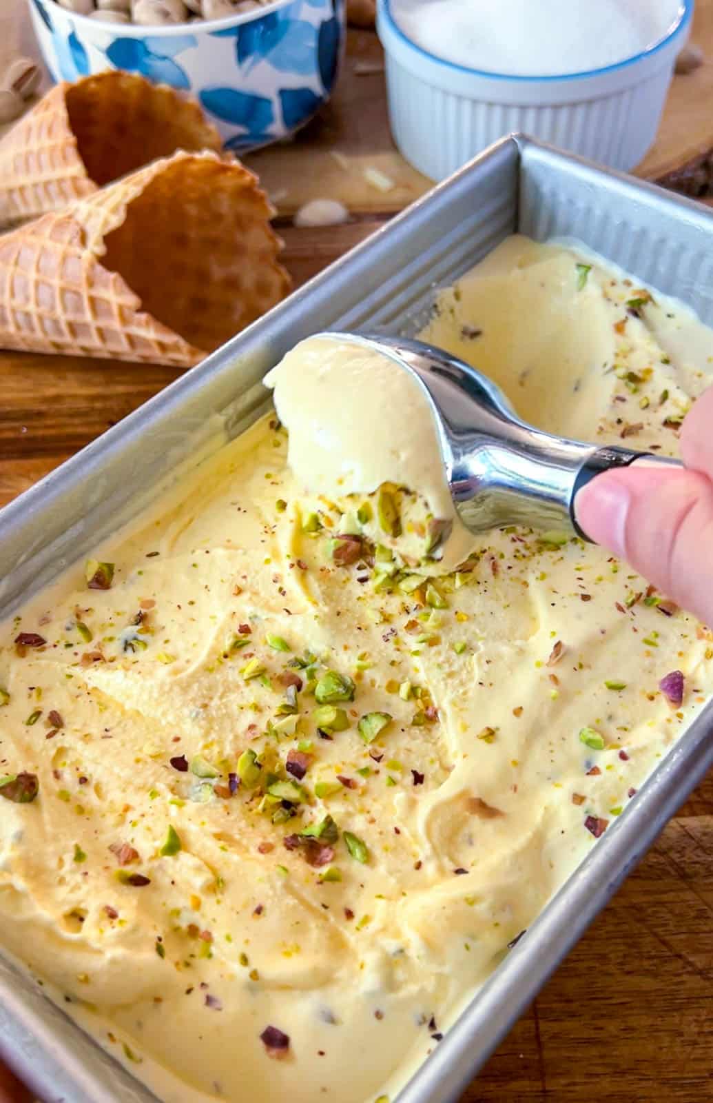 Saffron ice cream being scooped