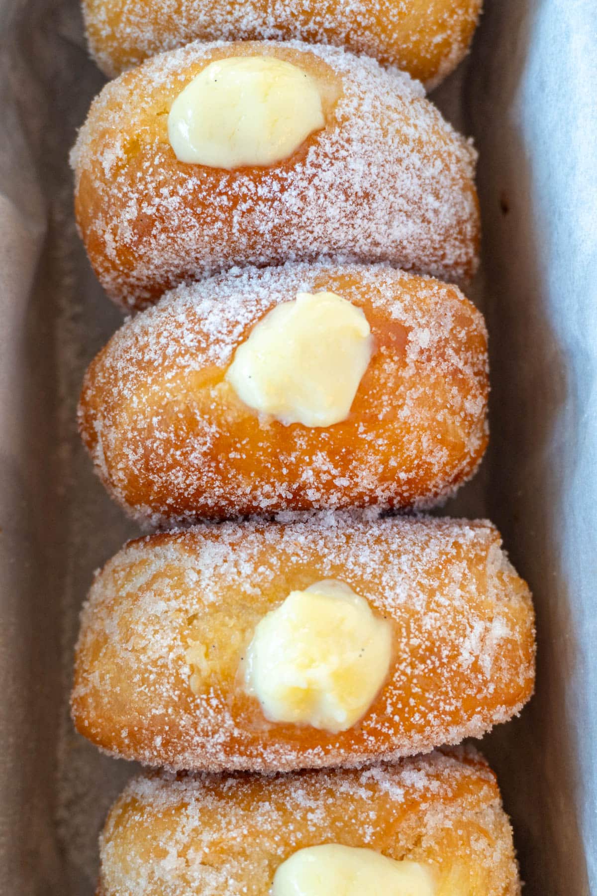 bomboloni or italian donuts lined up in a pan