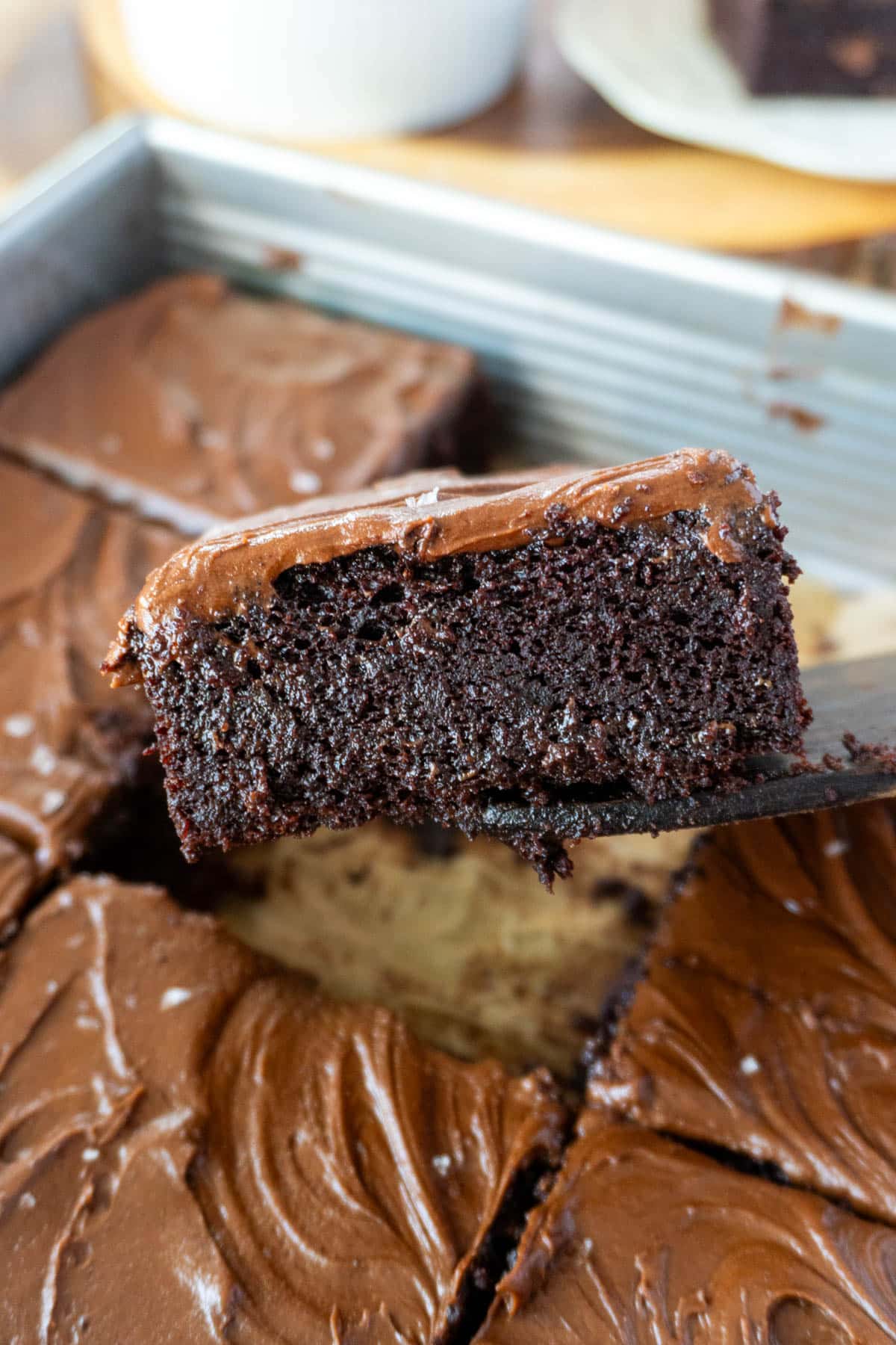 a side picture of slice of chocolate cake