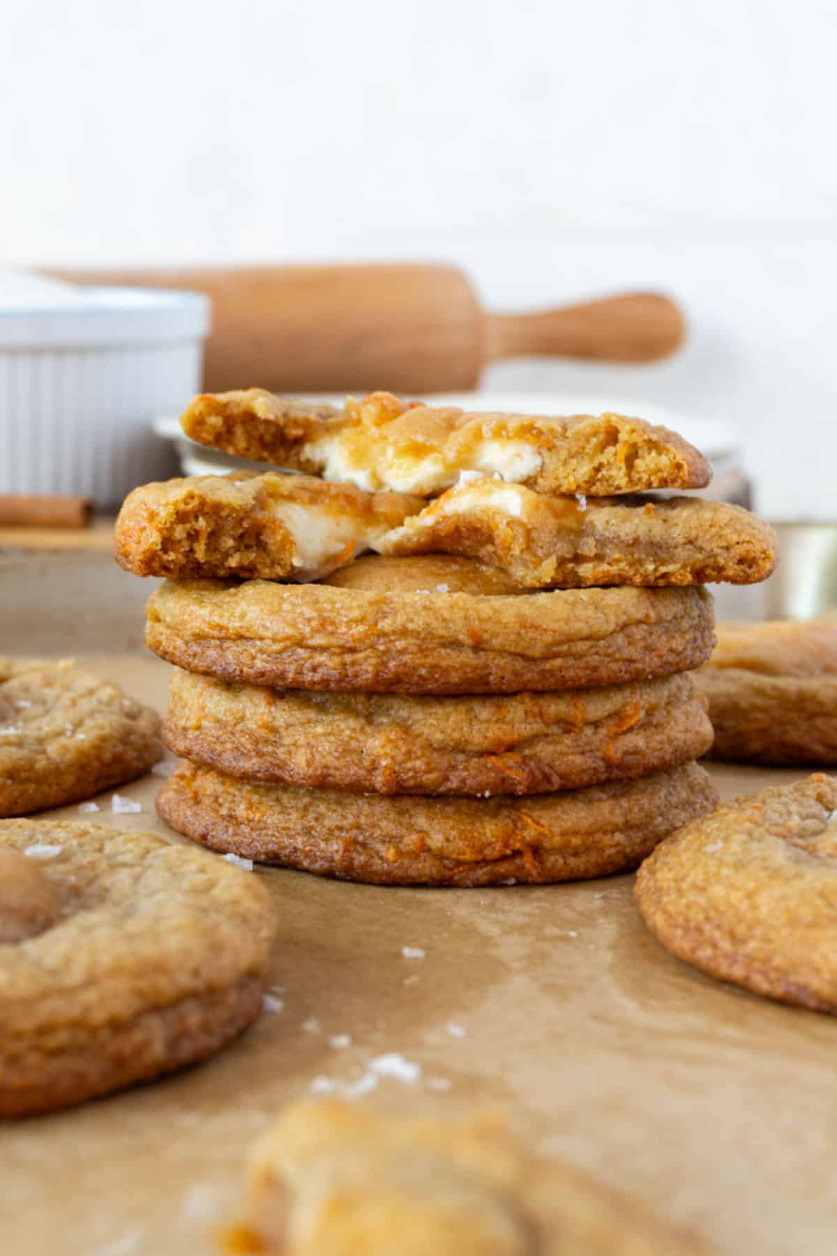 a stack of stuffed carrot cake cookies