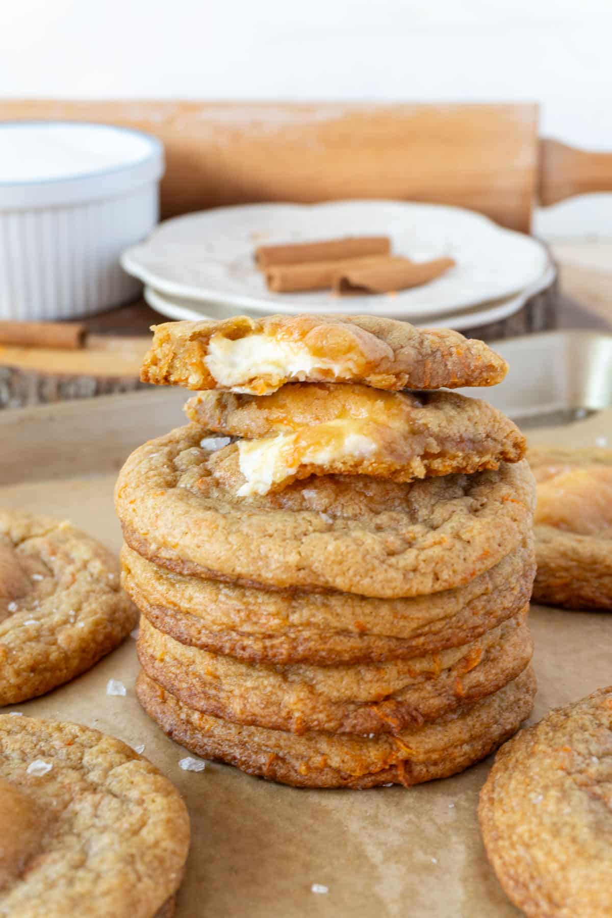 a stack of stuffed carrot cake cookies