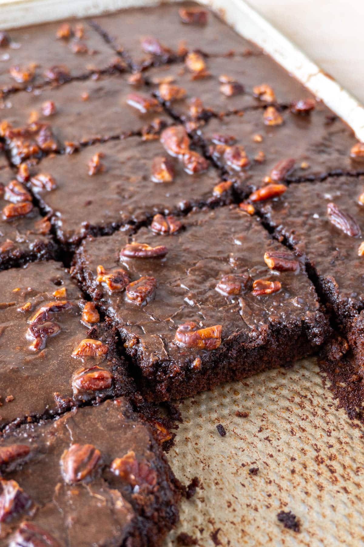 texas sheet cake in a pan, cut into pieces