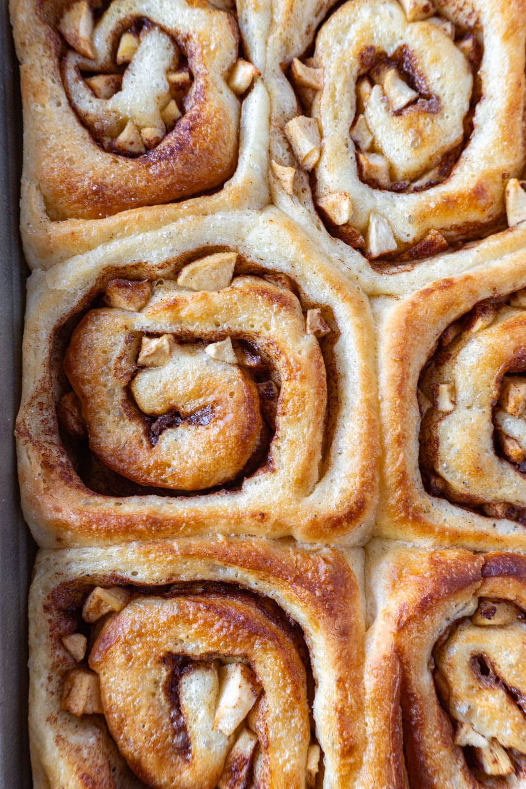 unfrosted apple pie cinnamon rolls in a pan