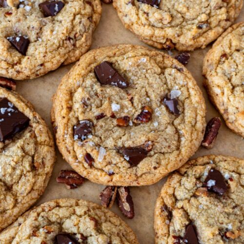 pecan chocolate chip cookies on a pan