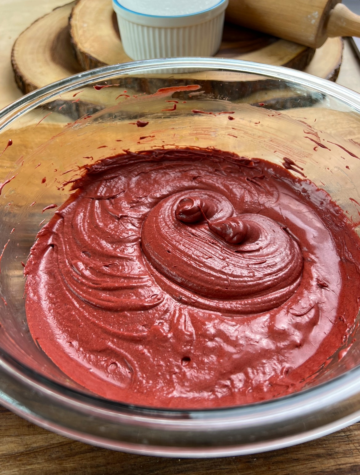 red velvet batter in a glass bowl