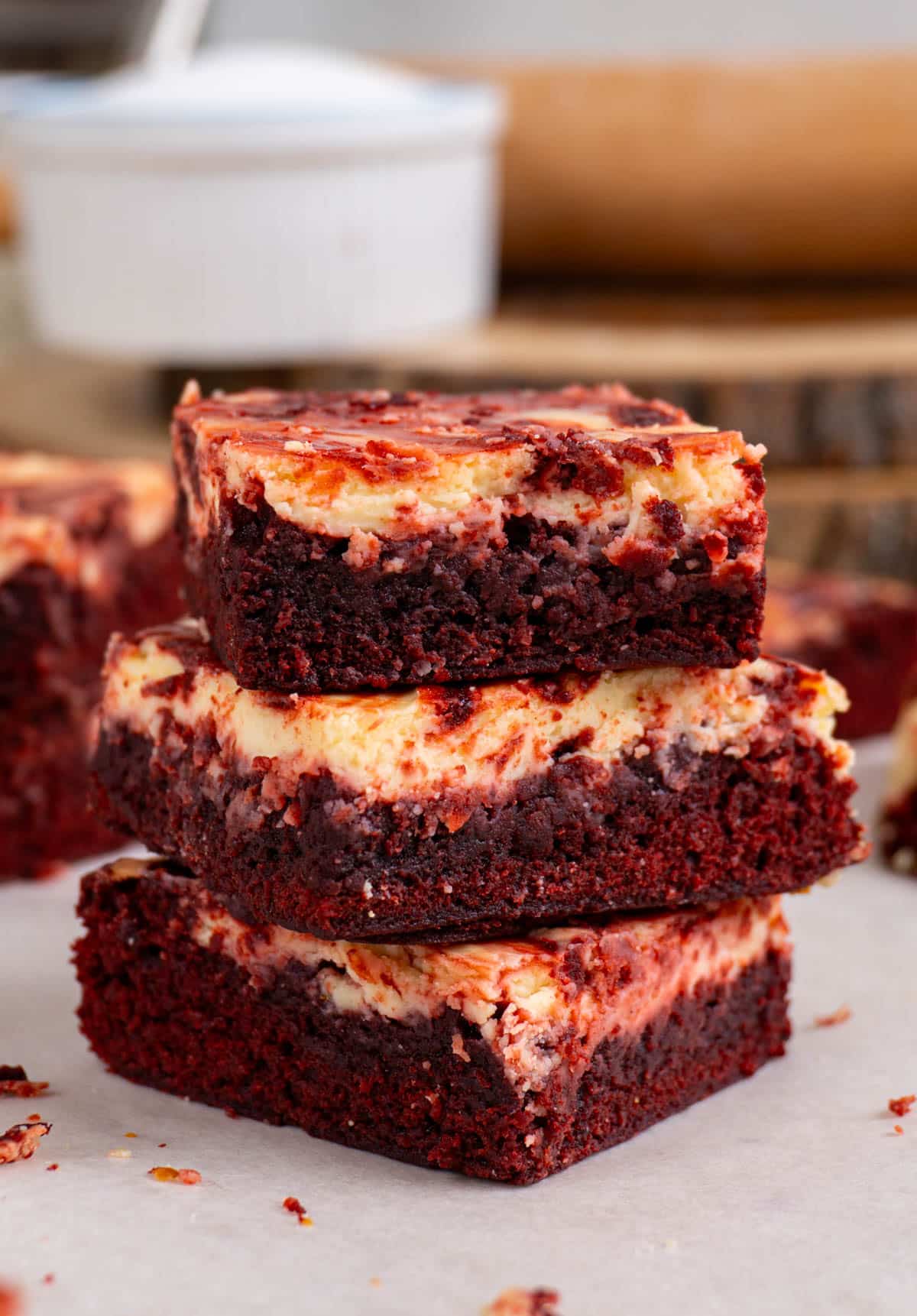 3 red velvet cheesecake brownies stacked