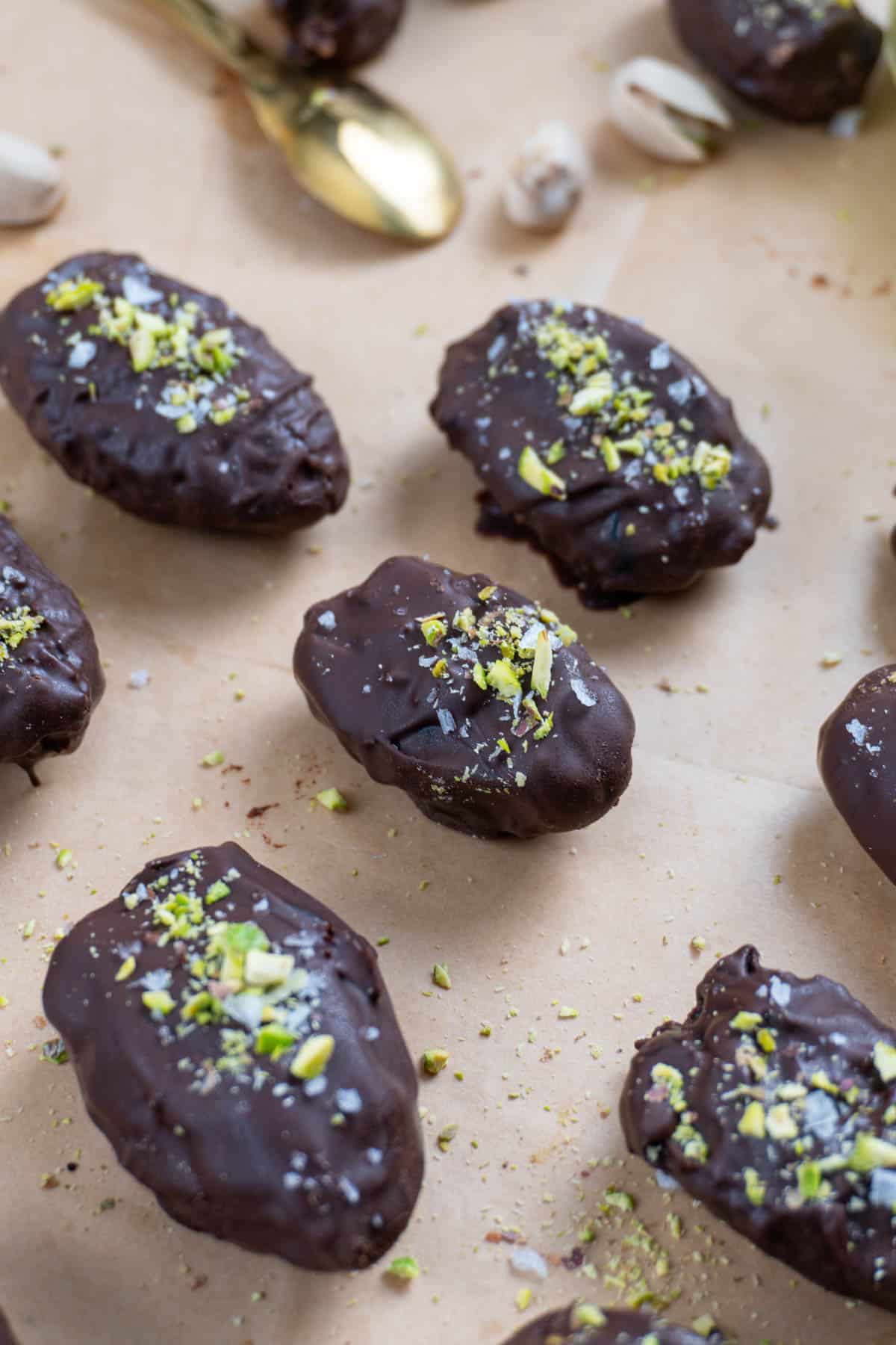 dubai chocolate dates on a brown surface