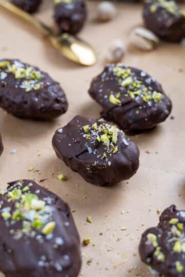 dubai chocolate dates on a brown surface