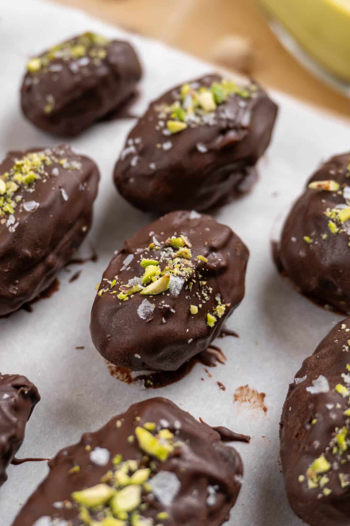 dubai chocolate dates on a white surface