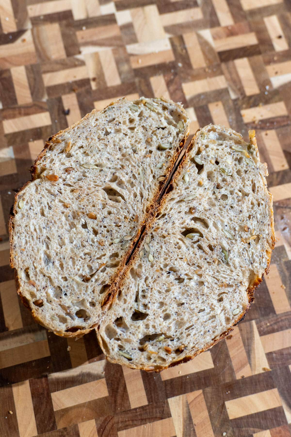 Sourdough loaf cut in half
